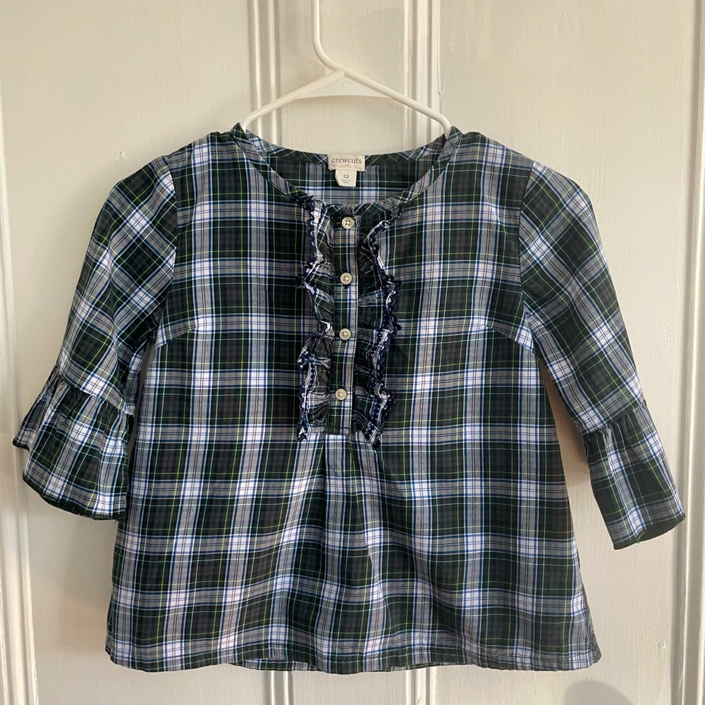 Crewcuts Girls Blue, Green and White Plaid Blouse with Ruffle Button Front. 12